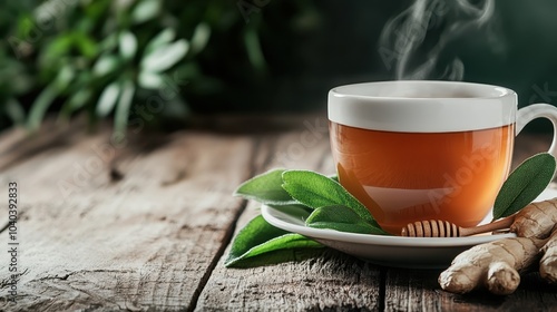 A warm, inviting scene of a steaming cup of tea accompanied by fresh green leaves, ginger slices, and natural elements, set on a rustic wooden table.