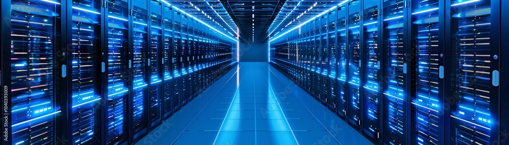 Blue-lit data center, expansive, servers in perfect symmetry, digital realism, cold atmosphere, pulsing lights, serene yet dynamic, advanced technology Blue-lit data center, expansive, servers in perfect symmetry, digital realism, cold atmosphere, pulsing lights, serene yet dynamic, advanced technology