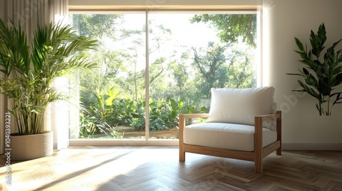 A cozy living room features a bright and airy ambiance with a large window showcasing lush greenery outside, complimented by a plush chair and potted plants inside.