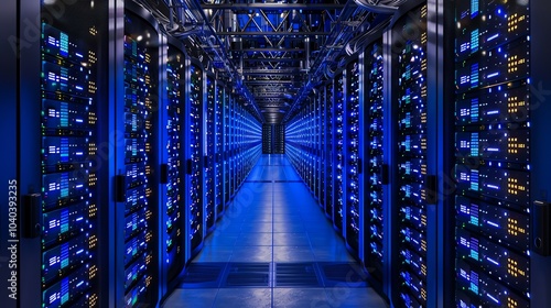 Endless stretch of servers, ensconced in cool blue light, epitomizing the relentless pulse of data center activity, captured in high-definition CG 3D artwork photo