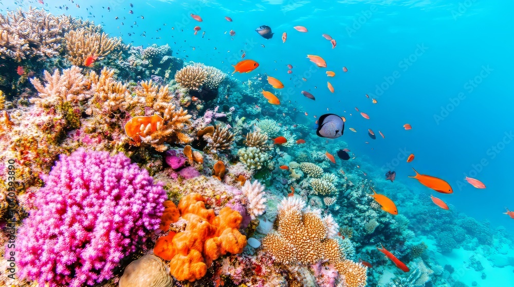 Obraz premium Vibrant coral reef teeming with colorful fish in a clear blue ocean.