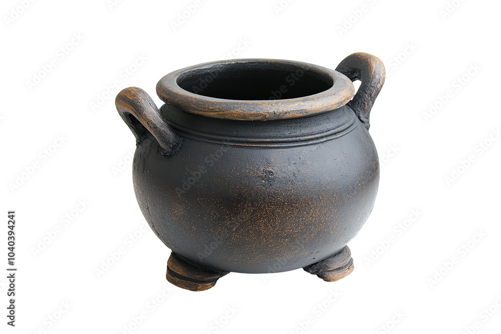 A black pot with a brown handle sits on a white background. on transparent background A black pot with a brown handle sits on a white background. on transparent background