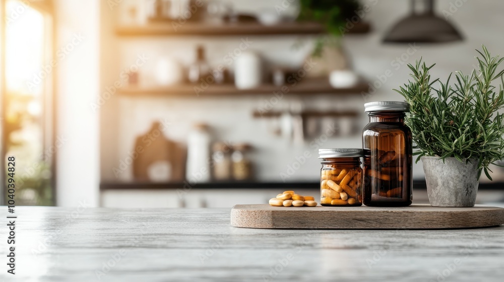 Two glass jars with capsules placed on a wooden board in a sunlit kitchen, providing a sense of health and wellness in a warm, homey atmosphere. Two glass jars with capsules placed on a wooden board in a sunlit kitchen, providing a sense of health and wellness in a warm, homey atmosphere.