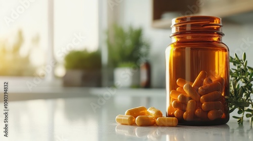 An amber glass jar filled with yellow capsules is featured beside a sprig, capturing the essence of health and sustainability in a serene setting. photo