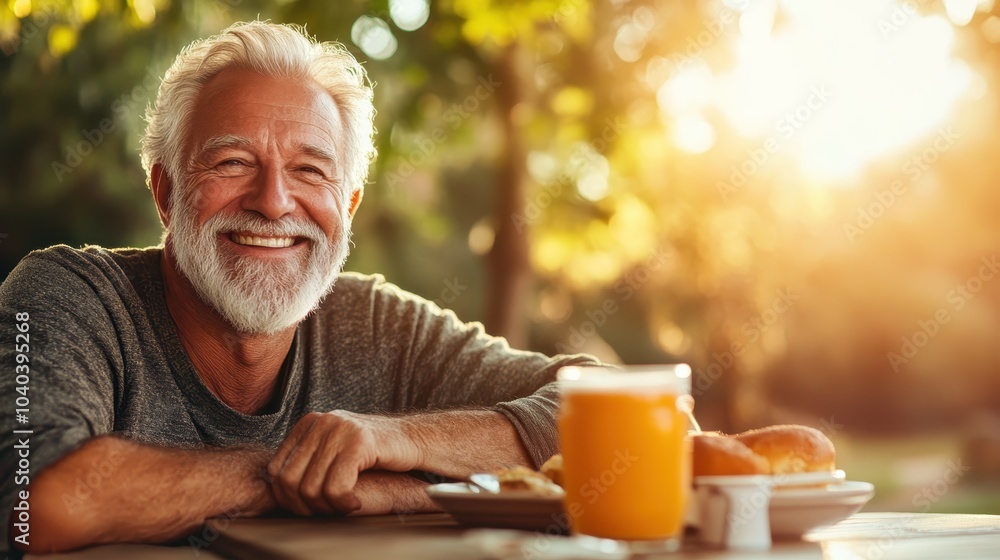 An elderly man smiles warmly while enjoying his breakfast outdoors, bathed in sunlight, capturing the essence of joy, contentment, and the simple pleasures of life. An elderly man smiles warmly while enjoying his breakfast outdoors, bathed in sunlight, capturing the essence of joy, contentment, and the simple pleasures of life.