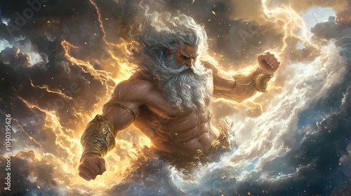 Epic gods vs titans battle zeus wields thunderbolts poseidon summons waves. Thunder God. Illustration