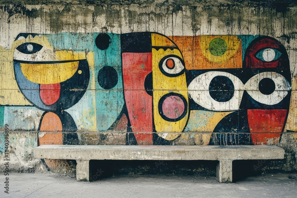 Obraz premium Modern street art displayed on a weathered concrete wall, showcasing a seamless pattern of colorful graffiti.