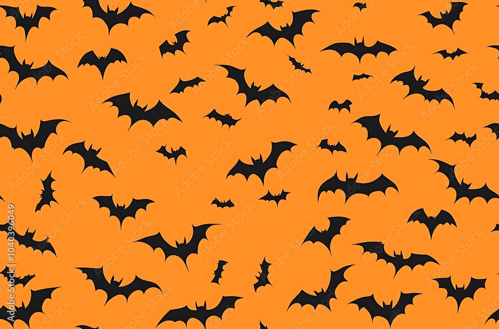 Orange background black bat silhouettes flying in the sky Orange background black bat silhouettes flying in the sky