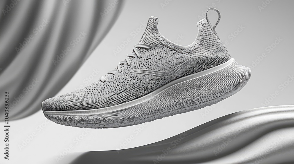 Modern lightweight gray running shoe on a minimalist background Modern lightweight gray running shoe on a minimalist background