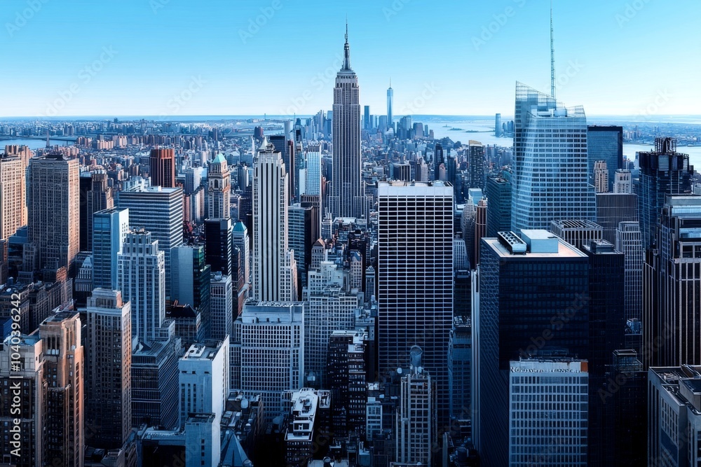 Fototapeta premium Watercolor painting of a modern city skyline, with soft blues and grays, symbolizing the serenity and clarity of a society built on reason and progress