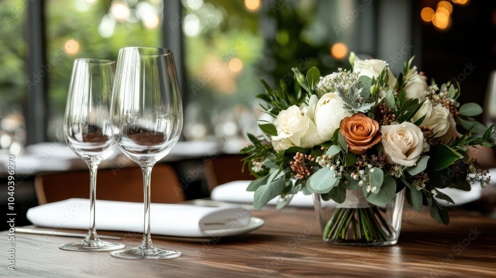 A sophisticated dining table is meticulously set with pristine wine glasses and a charming floral centerpiece, perfect for an intimate meal or celebration. A sophisticated dining table is meticulously set with pristine wine glasses and a charming floral centerpiece, perfect for an intimate meal or celebration.