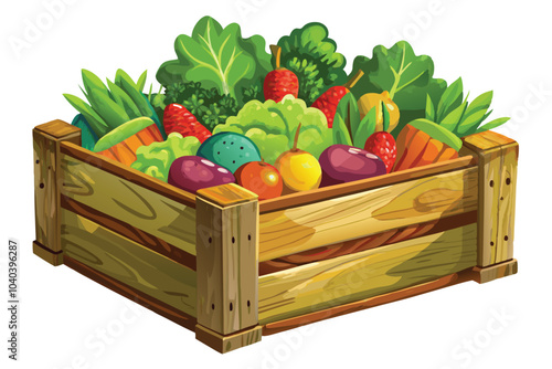 Watercolor Wooden Vegetable Box Rustic Box with Colorful Fresh Produce on a White Background