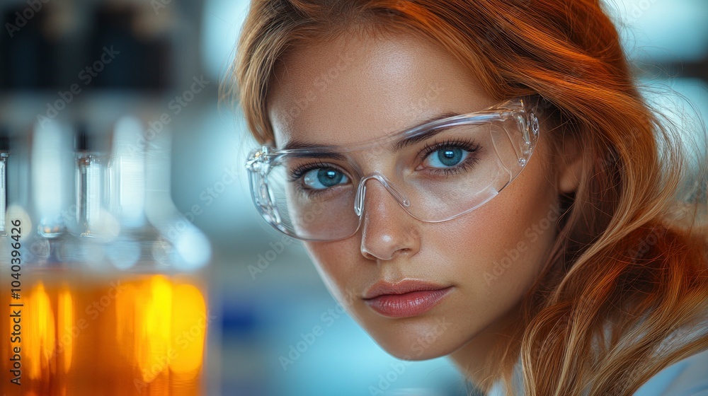 Focused scientist in lab with glasses and amber-colored liquid Focused scientist in lab with glasses and amber-colored liquid
