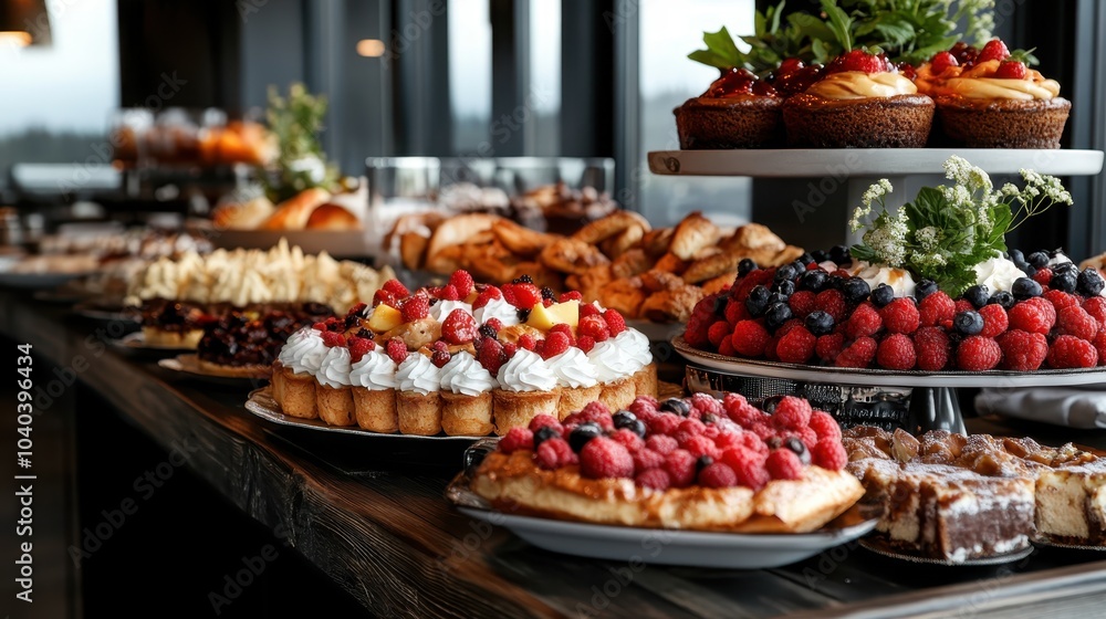 A variety of delicious desserts adorned with fresh berries displayed on a rustic wooden table, capturing an inviting and delightful scene of sweet indulgence. A variety of delicious desserts adorned with fresh berries displayed on a rustic wooden table, capturing an inviting and delightful scene of sweet indulgence.