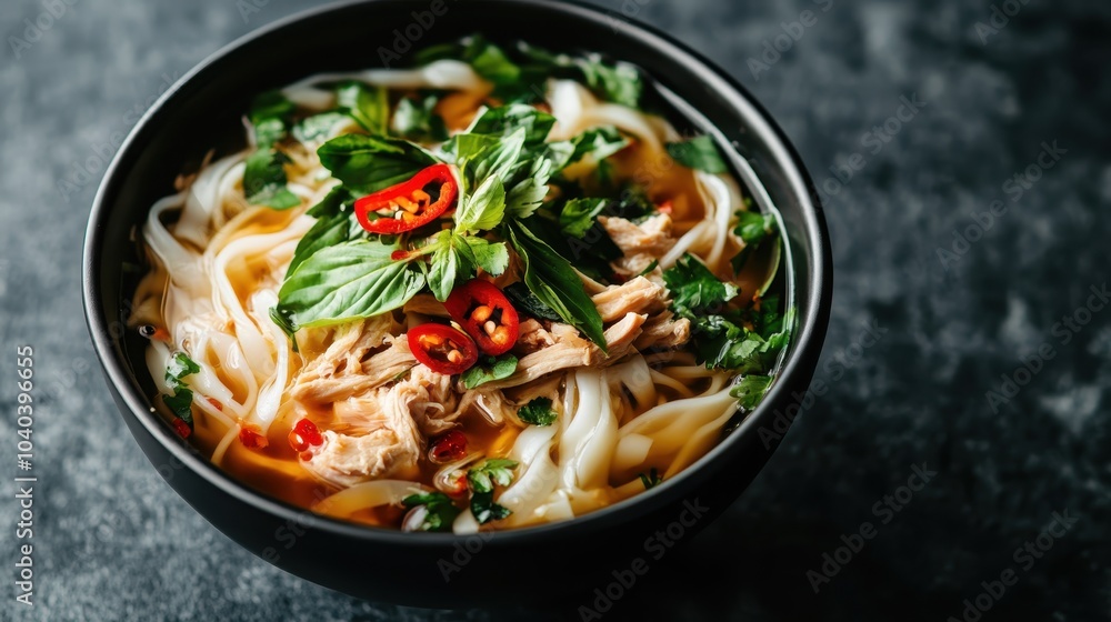 Flavorful noodle soup beautifully garnished with fresh herbs and spicy red chilies, providing a comforting and delicious culinary experience in a bowl. Flavorful noodle soup beautifully garnished with fresh herbs and spicy red chilies, providing a comforting and delicious culinary experience in a bowl.