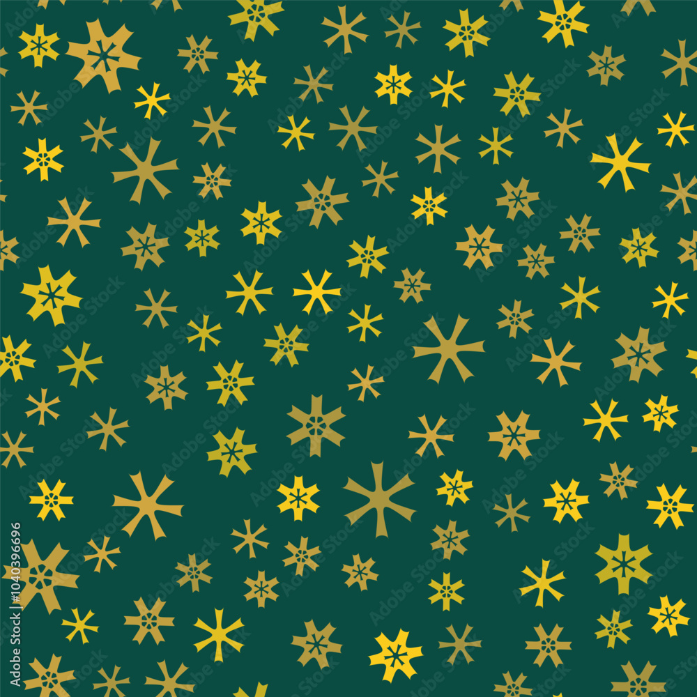 Christmas seamless pattern with small simple snowflakes. Winter green background classic style. Yellow random snowflakes on dark green background. Christmas mood pattern for decor, textile, paper, etc Christmas seamless pattern with small simple snowflakes. Winter green background classic style. Yellow random snowflakes on dark green background. Christmas mood pattern for decor, textile, paper, etc