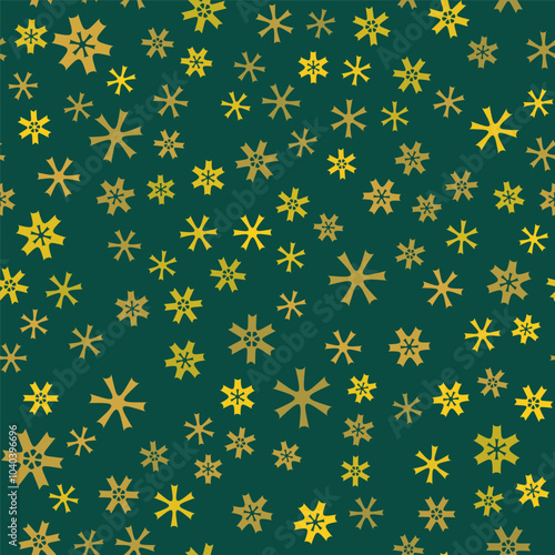 Christmas seamless pattern with small simple snowflakes. Winter green background classic style. Yellow random snowflakes on dark green background. Christmas mood pattern for decor, textile, paper, etc