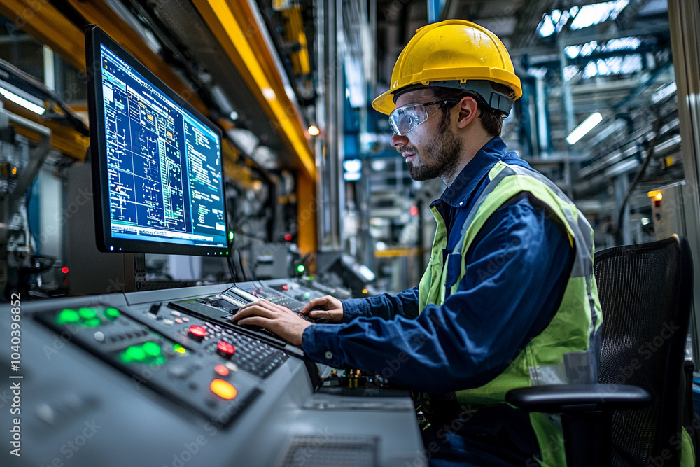 Industrial technician operating machinery at a manufacturing facility Industrial technician operating machinery at a manufacturing facility