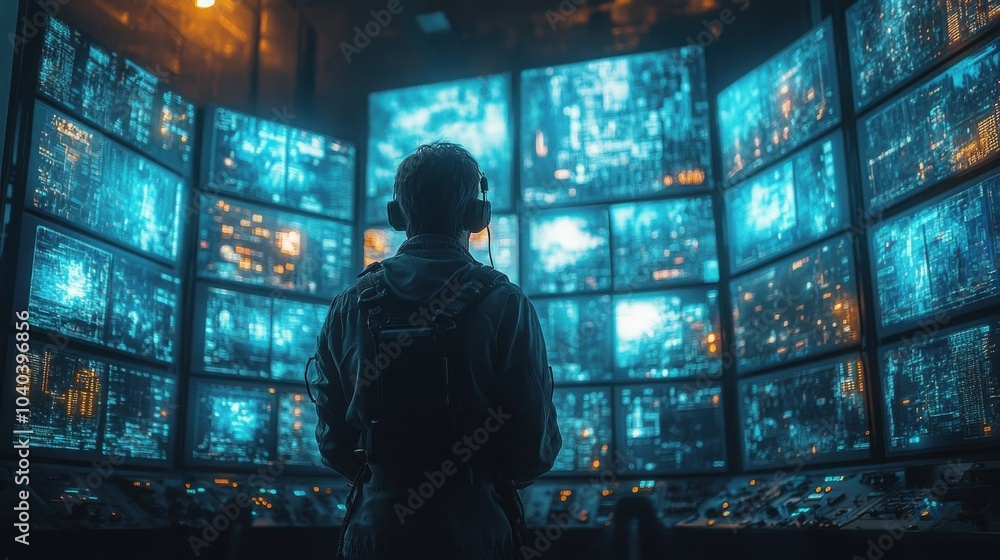 A person in a dark uniform stands in front of a wall of monitors displaying complex digital data. A person in a dark uniform stands in front of a wall of monitors displaying complex digital data.