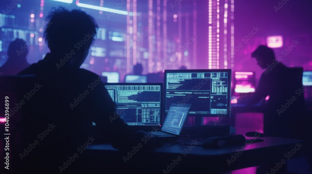 Silhouettes of hackers working in a dimly lit room, surrounded by computer monitors displaying code. Silhouettes of hackers working in a dimly lit room, surrounded by computer monitors displaying code.