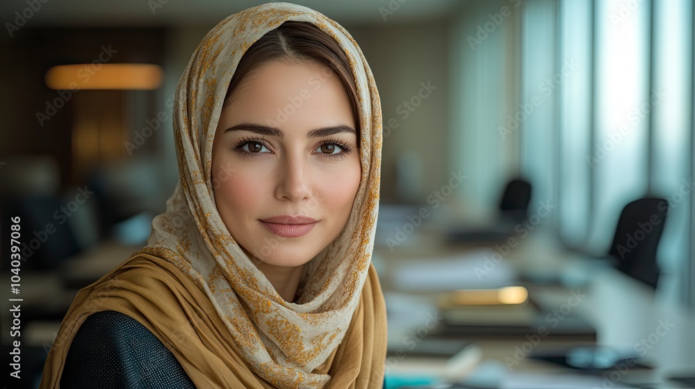 Confident woman in hijab looking directly at the camera in office Confident woman in hijab looking directly at the camera in office