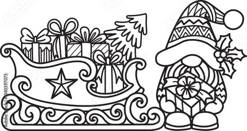 Christmas cute groovy gnome holding giftbox standing next to Christmas sleigh, for coloring, engraving, card design and so on. Vector illustration