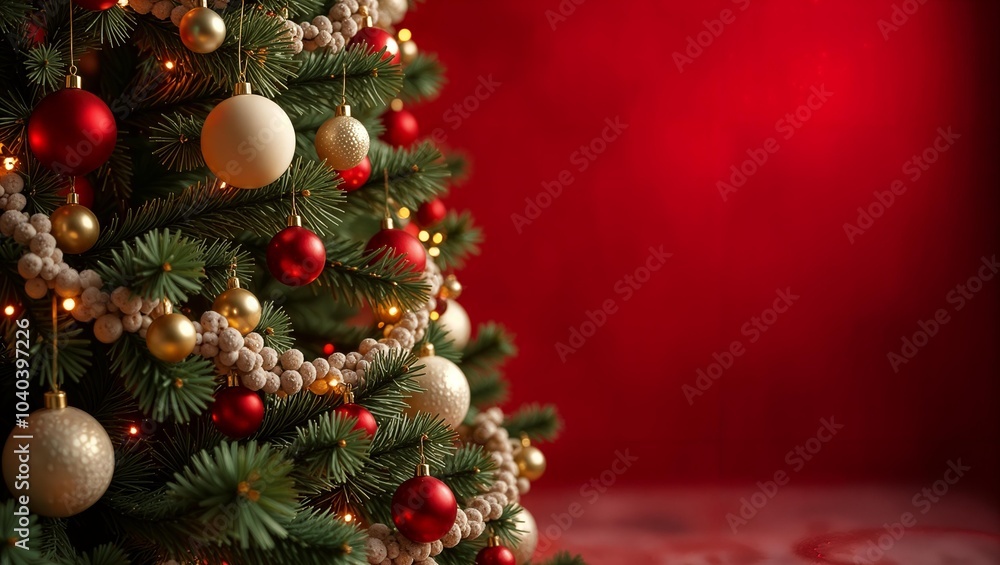 Beautifully decorated Christmas tree on red background, closeup. Space for text or design Beautifully decorated Christmas tree on red background, closeup. Space for text or design