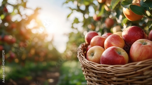 A wicker basket filled with apples sitting amidst a sunlit orchard, capturing the essence of nature’s bounty and autumn harvest in a picturesque setting.