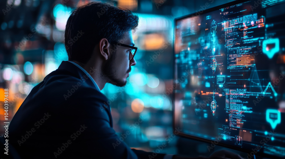 A focused professional analyzes data on a futuristic computer display in a modern office late at night A focused professional analyzes data on a futuristic computer display in a modern office late at night