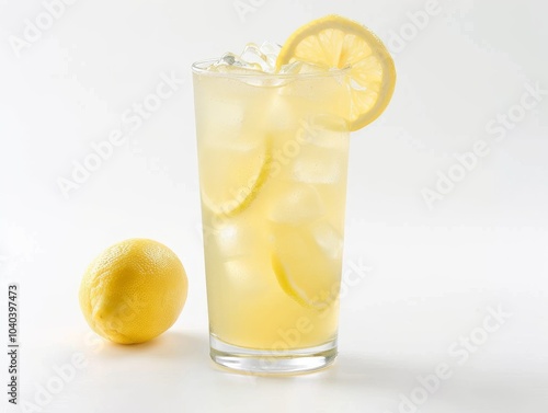 A Lynchburg lemonade in a tall glass with a lemon slice on a white background