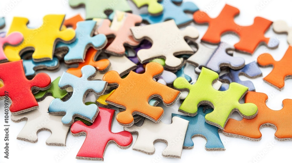 Obraz premium Colorful jigsaw puzzle pieces scattered on a white surface