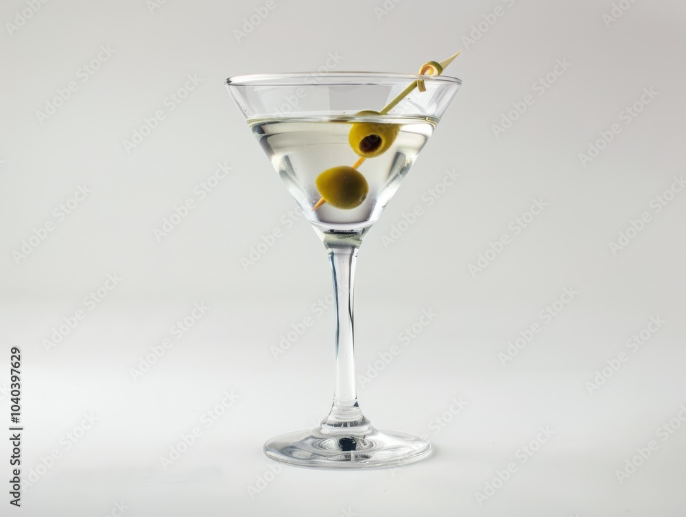 A martini glass filled with a classic martini and an olive on a white background A martini glass filled with a classic martini and an olive on a white background