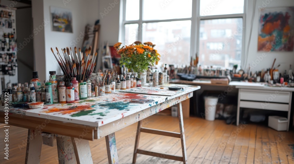 A creative art studio filled with paint supplies, brushes, and vibrant flowers on a table, surrounded by bright natural light from large windows, inspiring creativity. A creative art studio filled with paint supplies, brushes, and vibrant flowers on a table, surrounded by bright natural light from large windows, inspiring creativity.