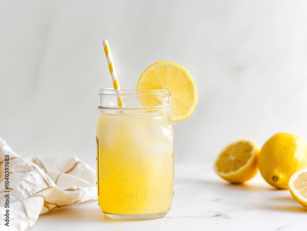 A mason jar filled with lemonade and a striped straw on a white background A mason jar filled with lemonade and a striped straw on a white background