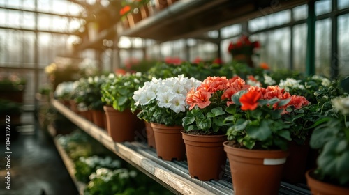 This image captures a well-organized greenhouse with rows of vibrant red and white flowering plants, each thriving in a warm enclosure filled with natural light. photo