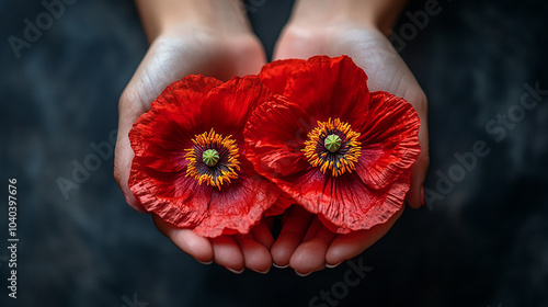 Three red poppies, held by hands, against a dark background. remembrance day,