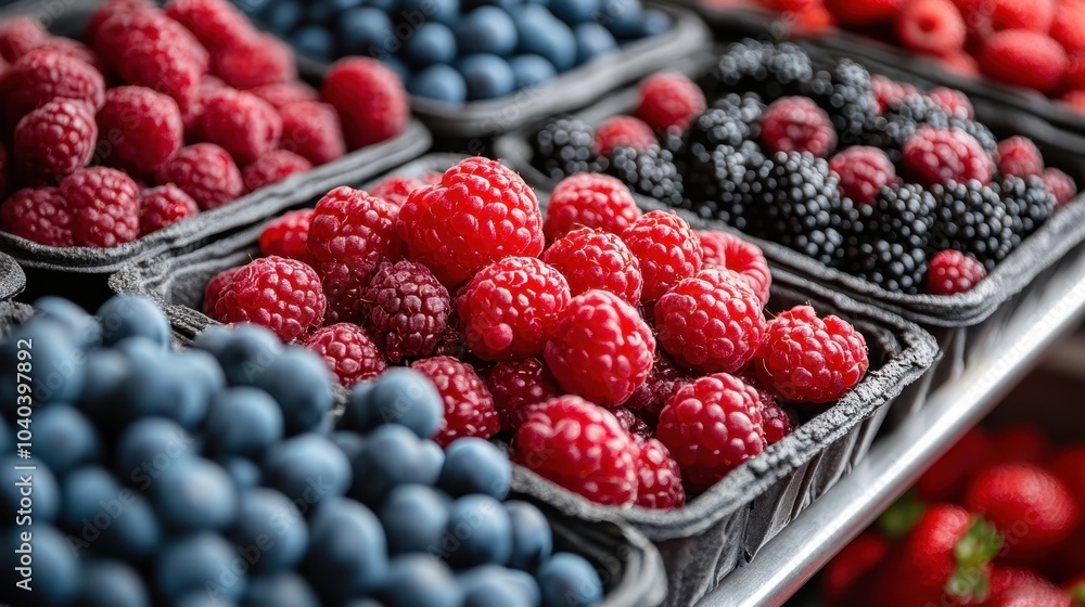 A vivid close-up image of assorted berries such as raspberries, blueberries, and blackberries, artistically arranged in baskets, highlighting their vibrant colors. A vivid close-up image of assorted berries such as raspberries, blueberries, and blackberries, artistically arranged in baskets, highlighting their vibrant colors.