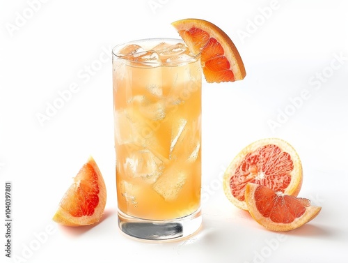 A Paloma cocktail in a highball glass with a grapefruit slice on a white background photo