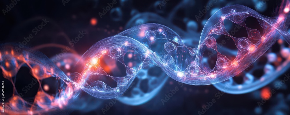 Obraz premium Abstract illustration of a DNA molecule transmitting signals through molecular waves, representing communication at the atomic level