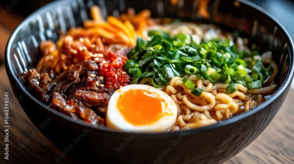 A hearty ramen noodle bowl filled with savory beef, a soft-boiled egg, spicy sauce, and fresh scallions, offering a flavorful and aromatic dining experience. A hearty ramen noodle bowl filled with savory beef, a soft-boiled egg, spicy sauce, and fresh scallions, offering a flavorful and aromatic dining experience.