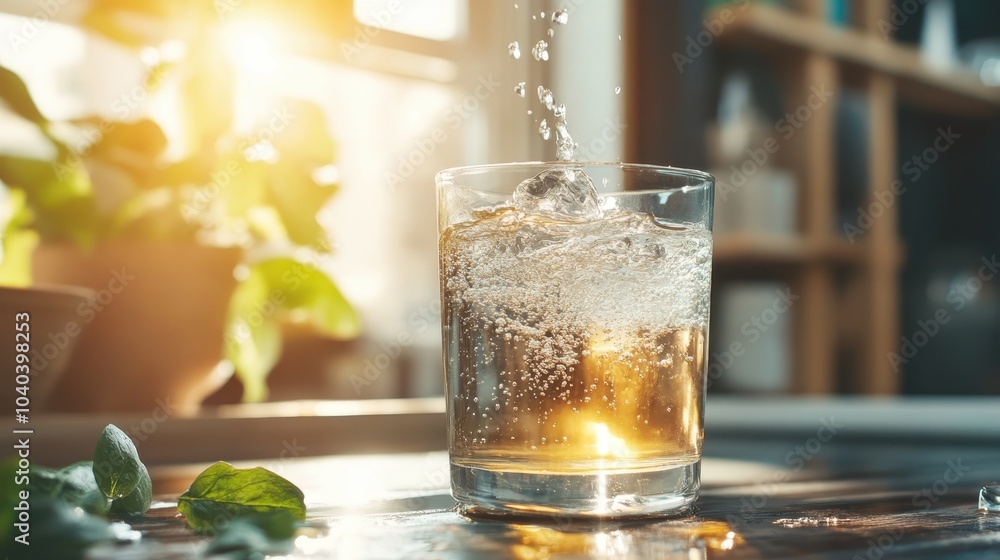 A refreshing glass of sparkling water is captured in sunlight, with bubbles rising and green leaves in the background, symbolizing purity and freshness. A refreshing glass of sparkling water is captured in sunlight, with bubbles rising and green leaves in the background, symbolizing purity and freshness.