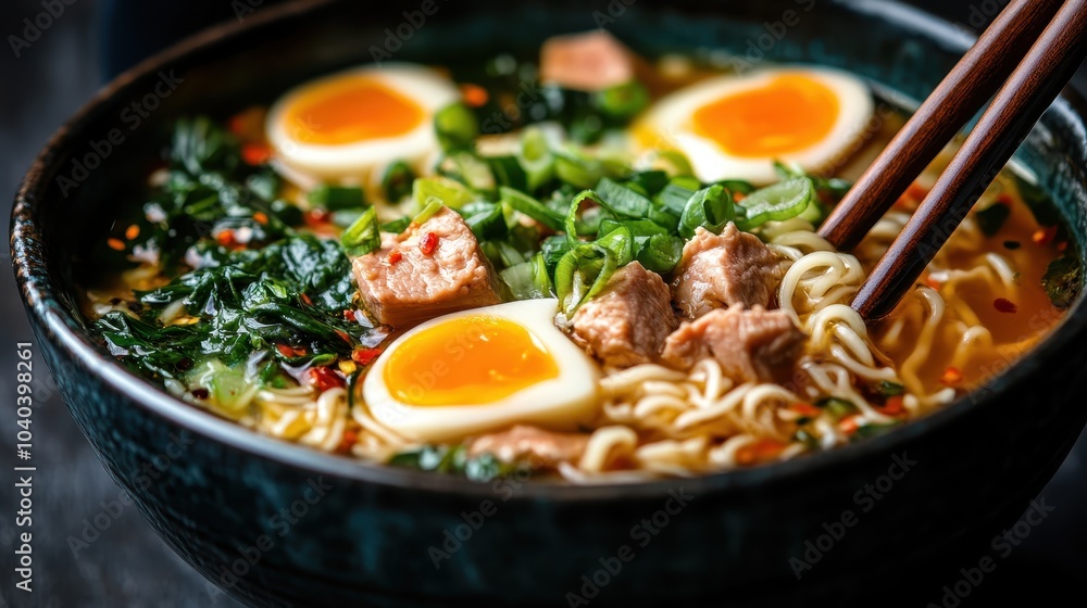 A steaming bowl of ramen topped with tender tofu, a soft-boiled egg, seaweed, and scallions, offering a harmonious blend of flavors and textures in every bite. A steaming bowl of ramen topped with tender tofu, a soft-boiled egg, seaweed, and scallions, offering a harmonious blend of flavors and textures in every bite.