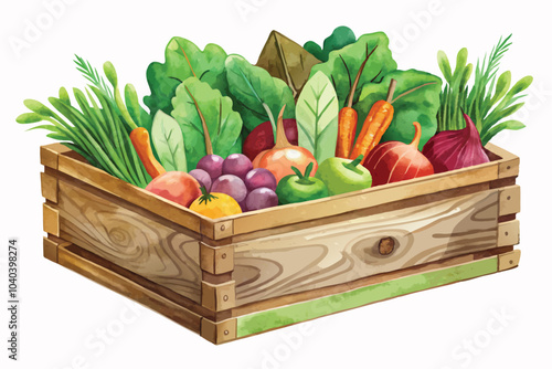 Watercolor Wooden Vegetable Box Rustic Box with Colorful Fresh Produce on a White Background