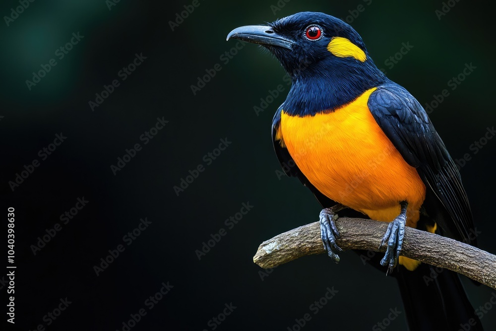 Obraz premium Tropical bird with a bright yellow chest and black wings, perched on a branch, sharp contrast with a solid black background, glowing under soft