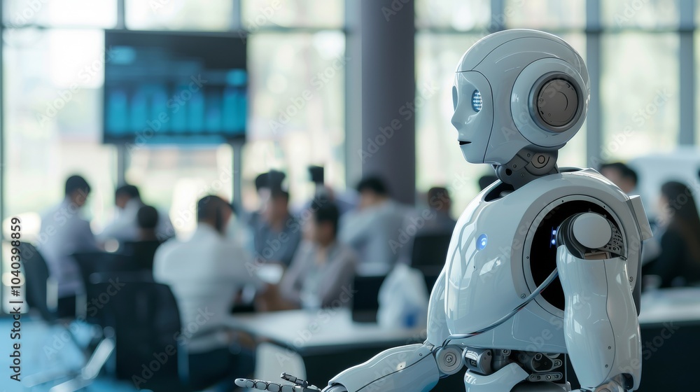 Humanoid robot giving a presentation in a corporate setting Humanoid robot giving a presentation in a corporate setting