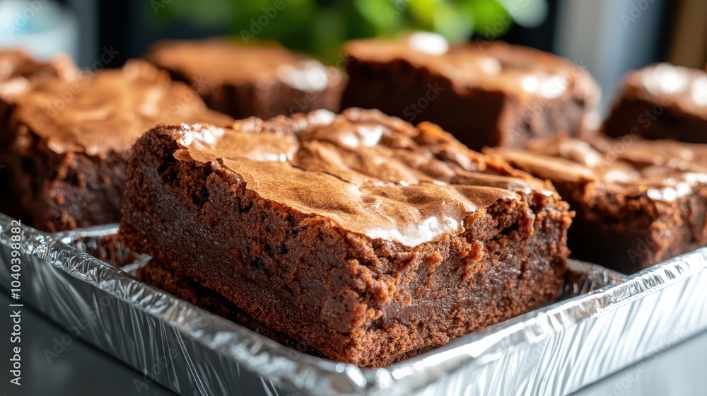 Thick, rich chocolate brownies presented in a foil tray, showcasing a delightful blend of fudgy texture and chocolatey flavor, perfect for dessert lovers. Thick, rich chocolate brownies presented in a foil tray, showcasing a delightful blend of fudgy texture and chocolatey flavor, perfect for dessert lovers.
