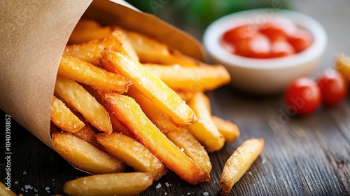 Sizzling golden French fries served in a rustic brown paper pouch, accompanied by a bowl of tangy ketchup, offering a classic combination of flavors and textures. photo