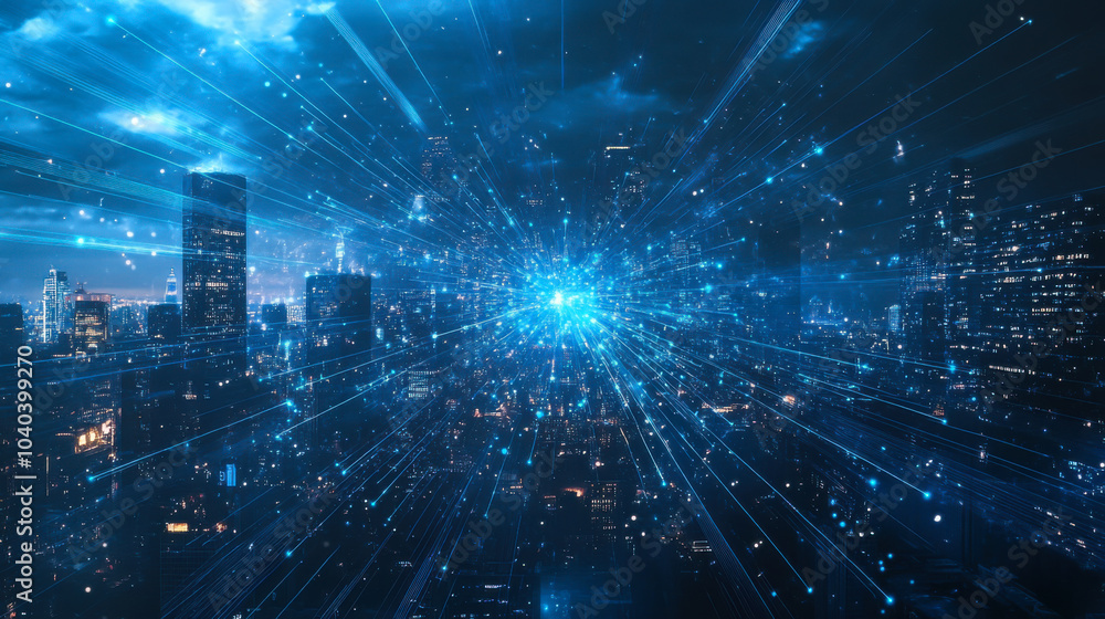 Fototapeta premium A vibrant night view of a city skyline illuminated by dynamic blue light beams in an urban environment