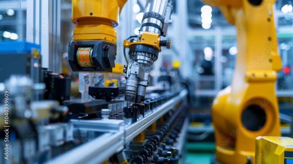 Industrial robot assembling parts in a high-tech factory Industrial robot assembling parts in a high-tech factory