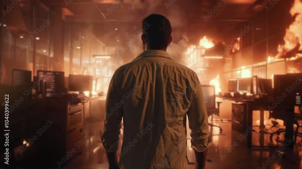 Man Calmly Facing Away From Camera in Burning Office Flames Surround Workplace Serenity Man Calmly Facing Away From Camera in Burning Office Flames Surround Workplace Serenity